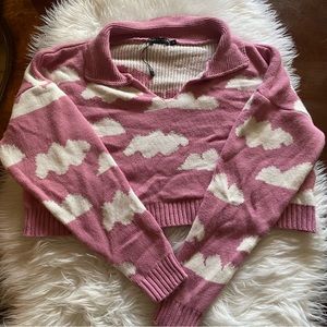 Nasty Gal Size Medium Pink & White Cloud Print Knit Cropped Sweater Top
